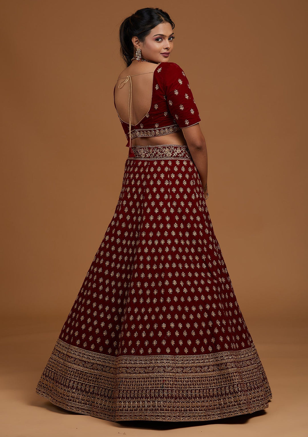 Maroon Zariwork Velvet Designer Lehenga-Koskii