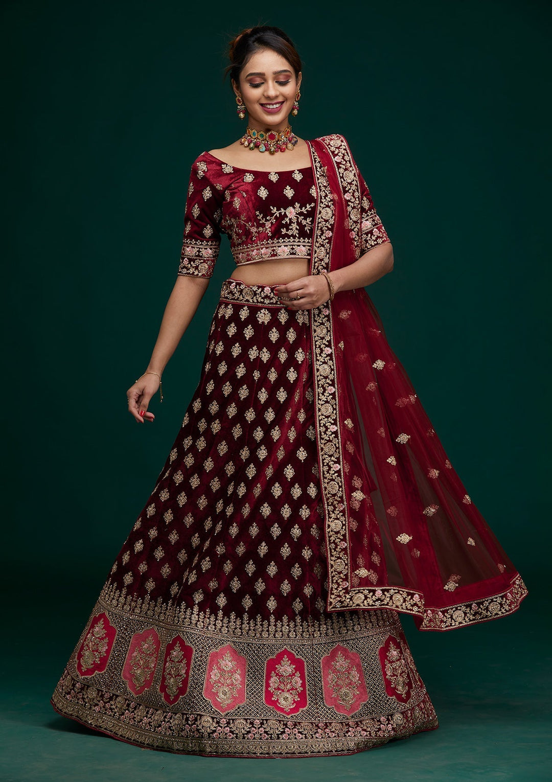 Maroon Zariwork Velvet Designer Lehenga- Koskii