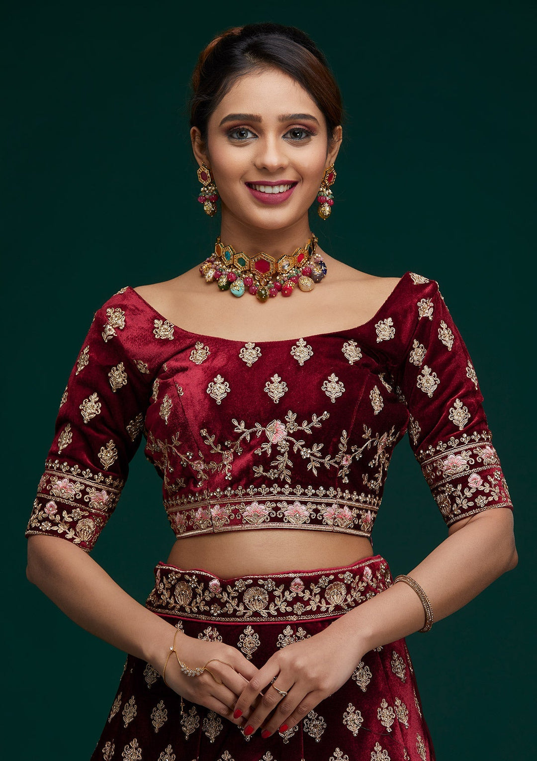 Maroon Zariwork Velvet Designer Lehenga - Koskii