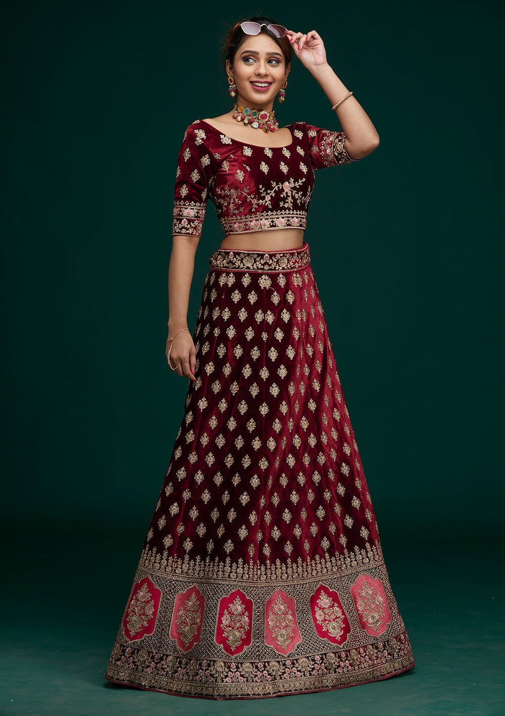 Maroon Zariwork Velvet Designer Lehenga - Koskii