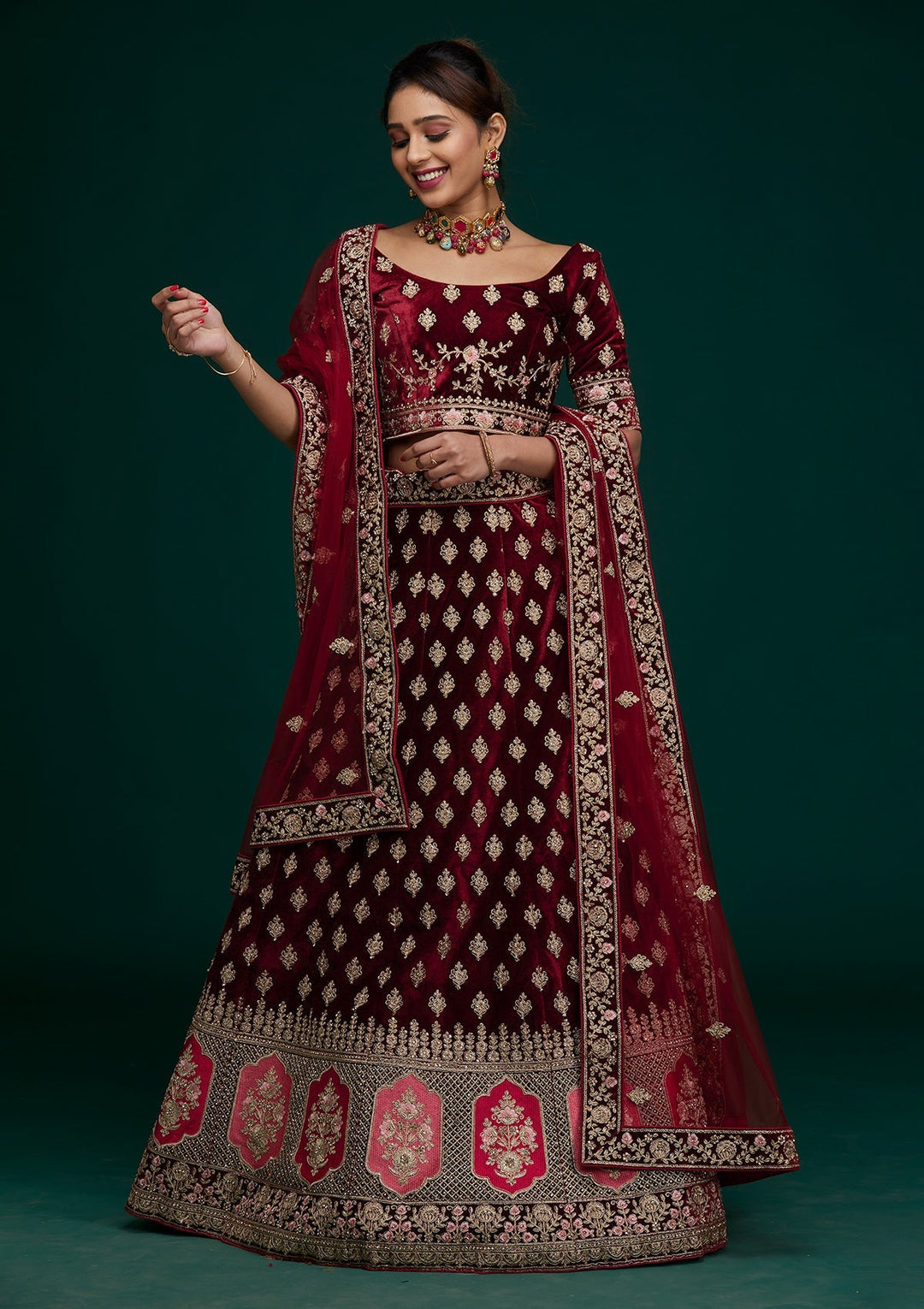 Maroon Zariwork Velvet Designer Lehenga - Koskii