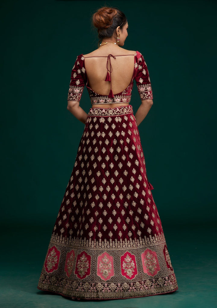 Maroon Zariwork Velvet Designer Lehenga - Koskii