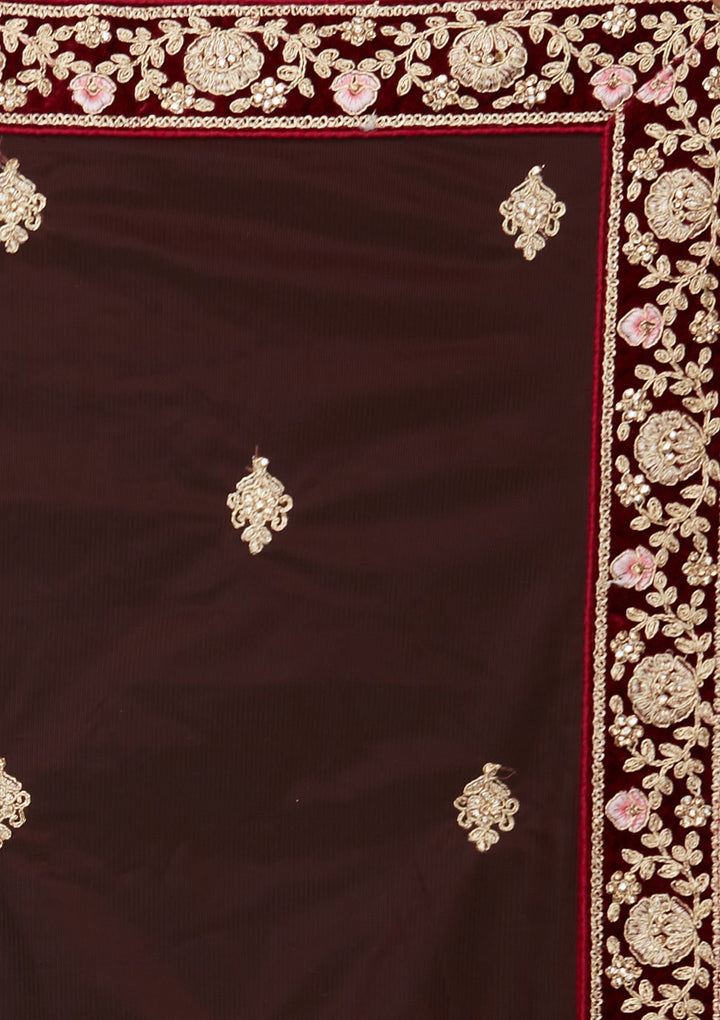 Maroon Zariwork Velvet Designer Lehenga - Koskii