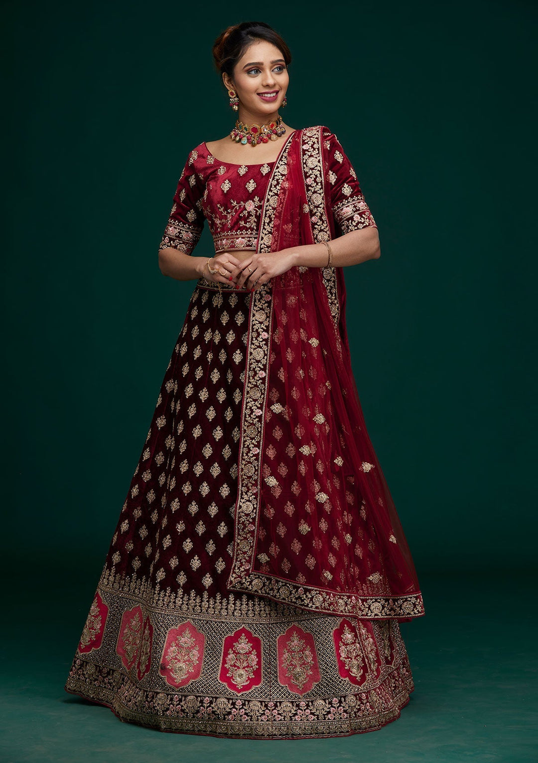 Maroon Zariwork Velvet Designer Lehenga - Koskii
