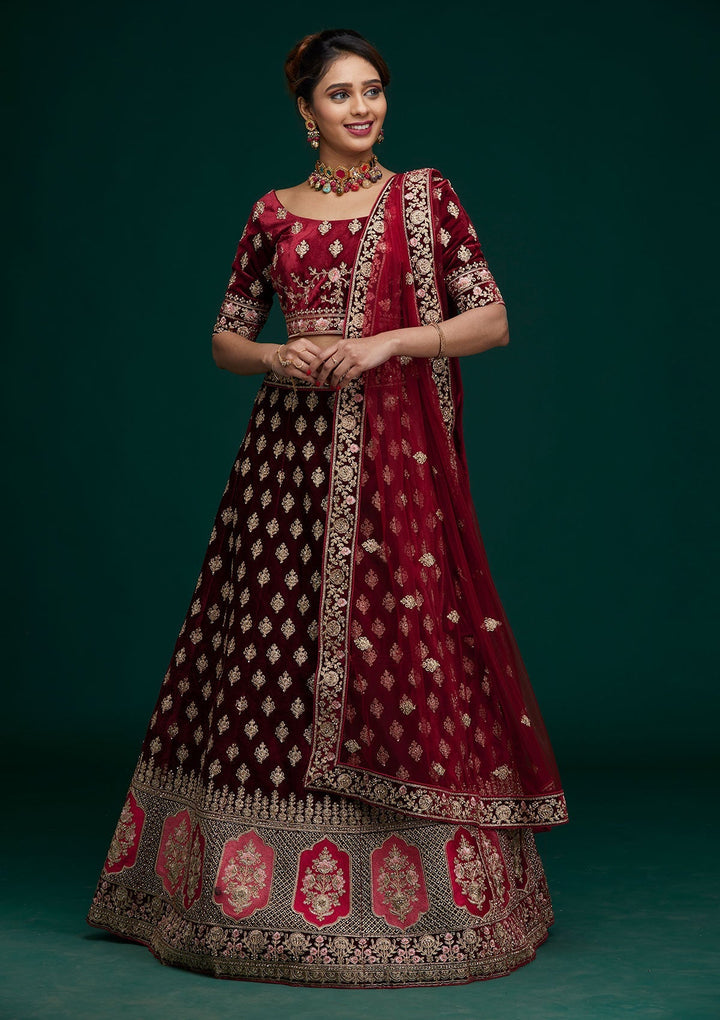 Maroon Zariwork Velvet Designer Lehenga - Koskii
