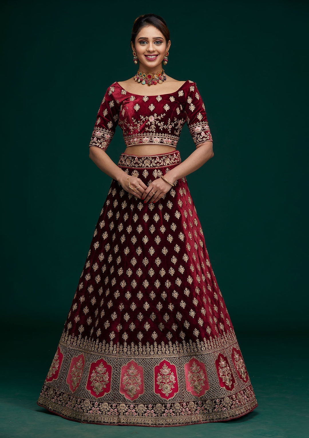 Maroon Zariwork Velvet Designer Lehenga - Koskii