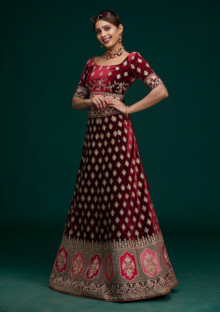 Maroon Zariwork Velvet Designer Lehenga - Koskii