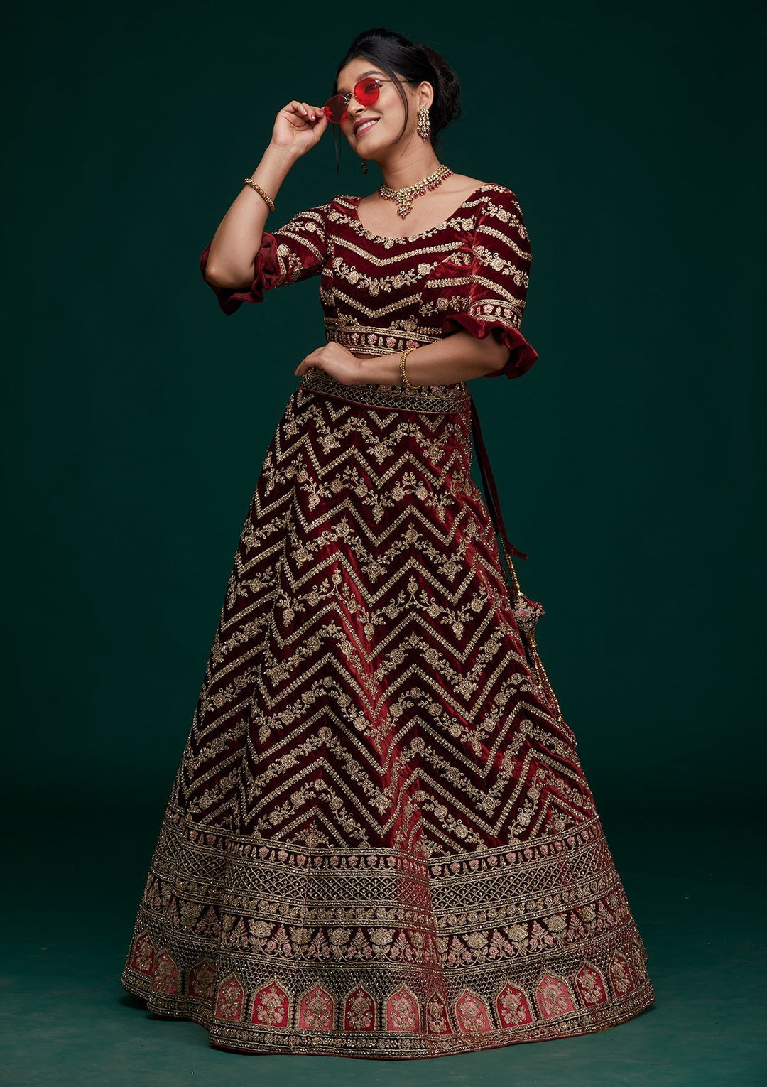 Maroon Zariwork Velvet Designer Lehenga- Koskii
