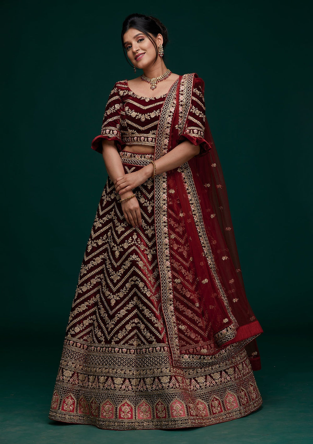 Maroon Zariwork Velvet Designer Lehenga - Koskii