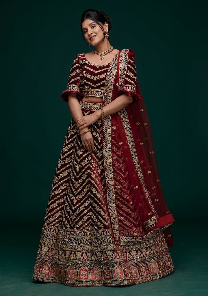 Maroon Zariwork Velvet Designer Lehenga - Koskii