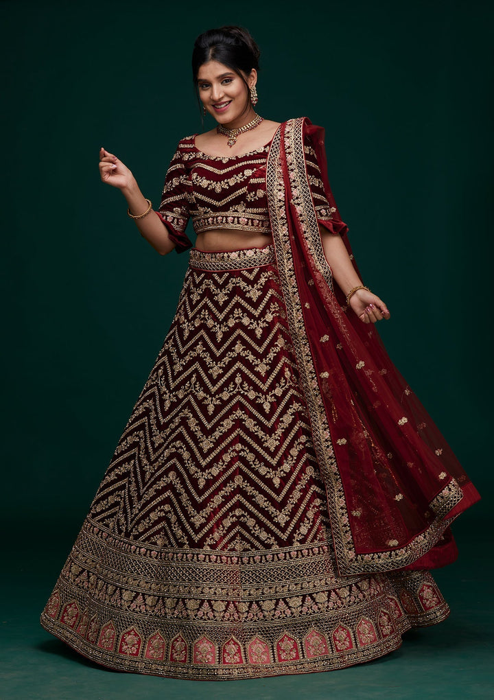 Maroon Zariwork Velvet Designer Lehenga - Koskii