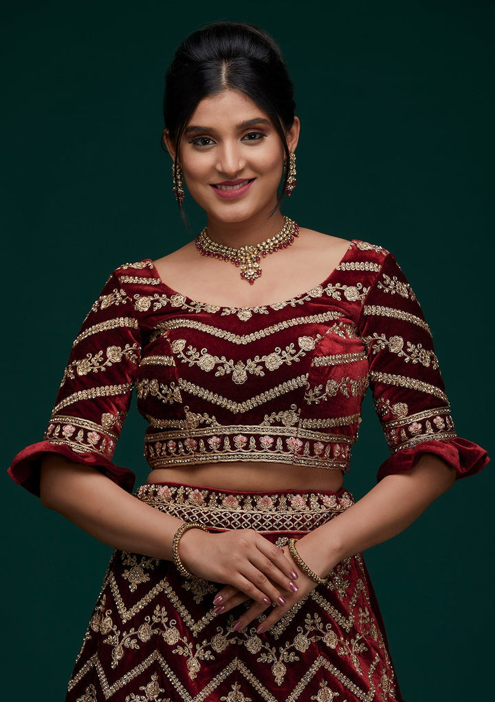 Maroon Zariwork Velvet Designer Lehenga - Koskii