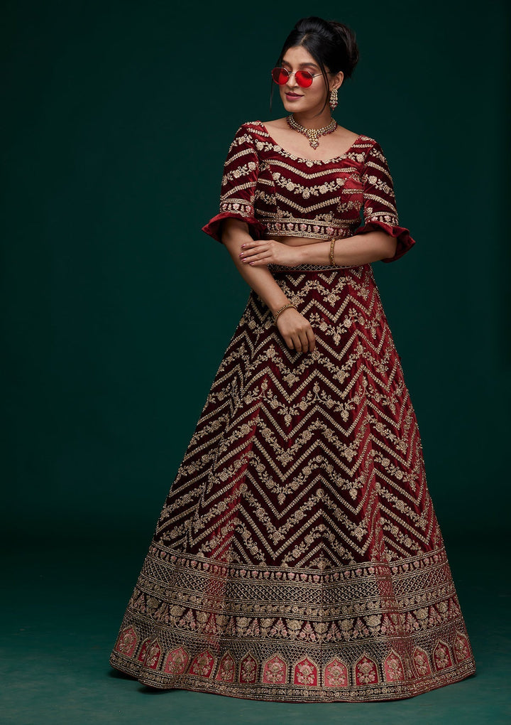 Maroon Zariwork Velvet Designer Lehenga - Koskii