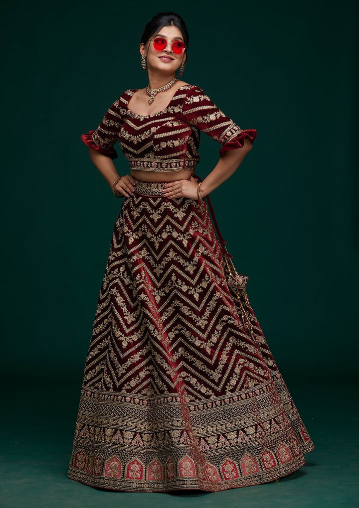 Maroon Zariwork Velvet Designer Lehenga - Koskii