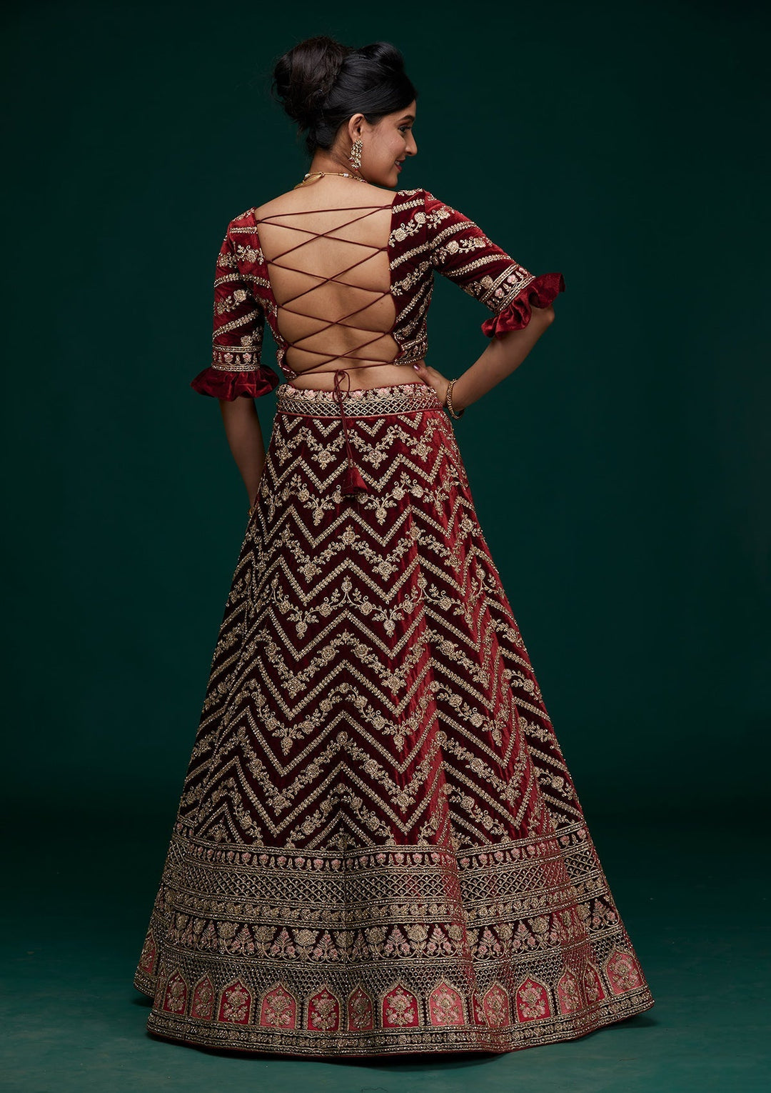 Maroon Zariwork Velvet Designer Lehenga - Koskii