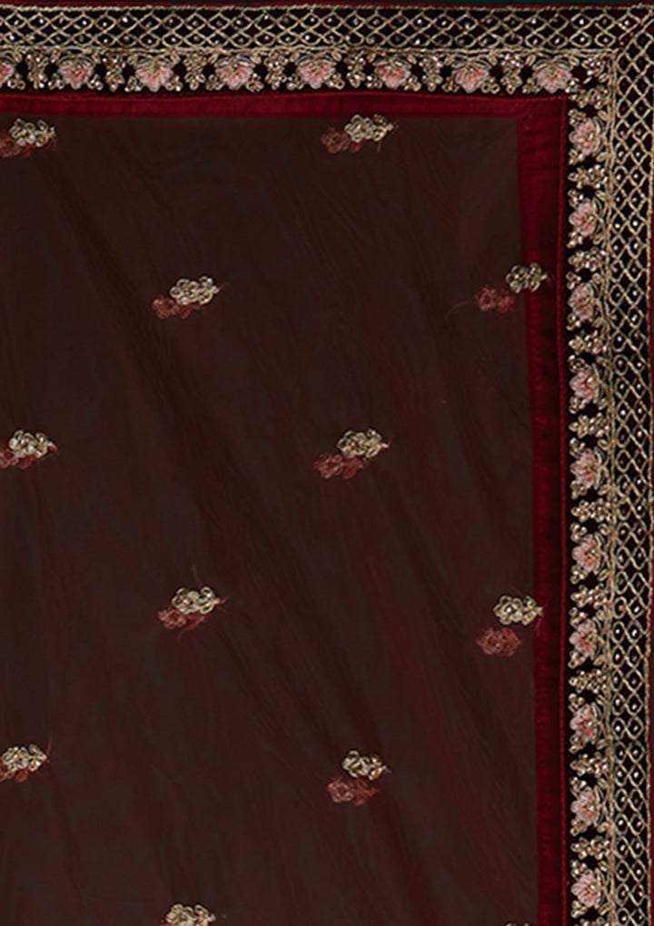 Maroon Zariwork Velvet Designer Lehenga - Koskii