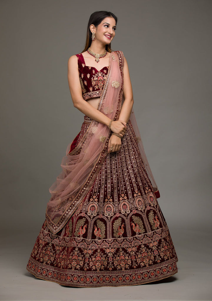 Maroon Zariwork Velvet Lehenga-koskii
