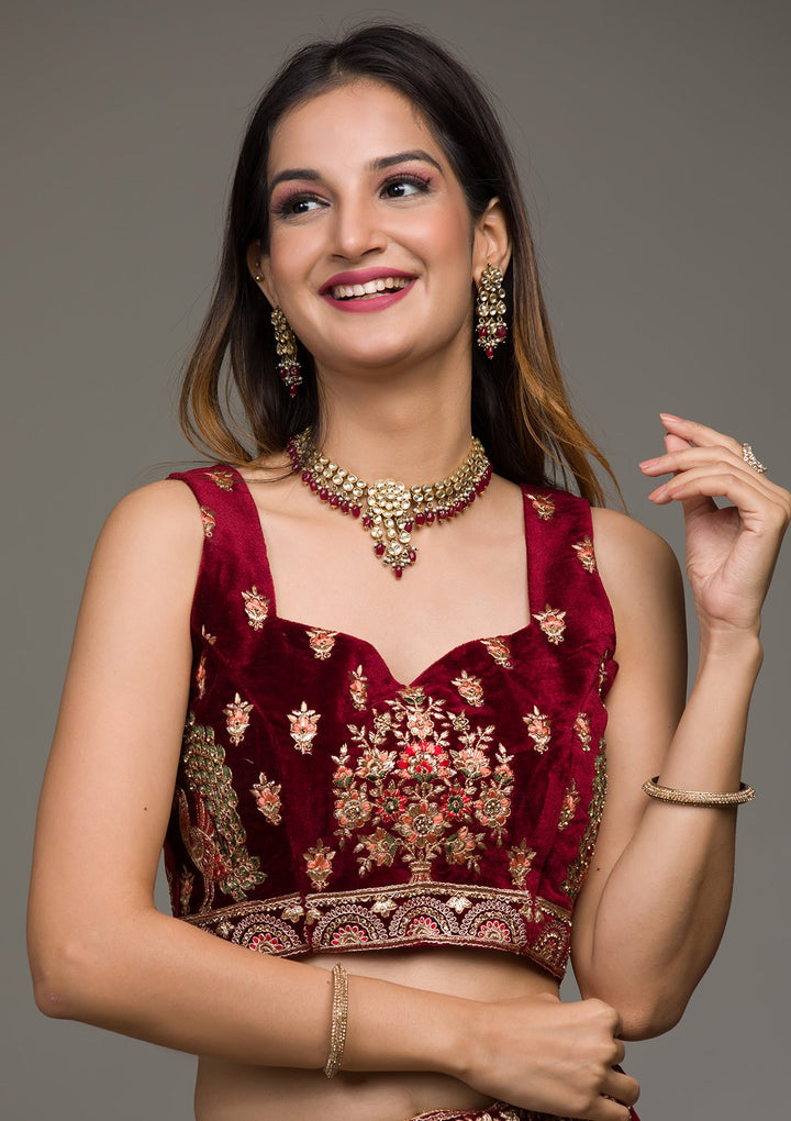 Maroon Zariwork Velvet Lehenga-koskii