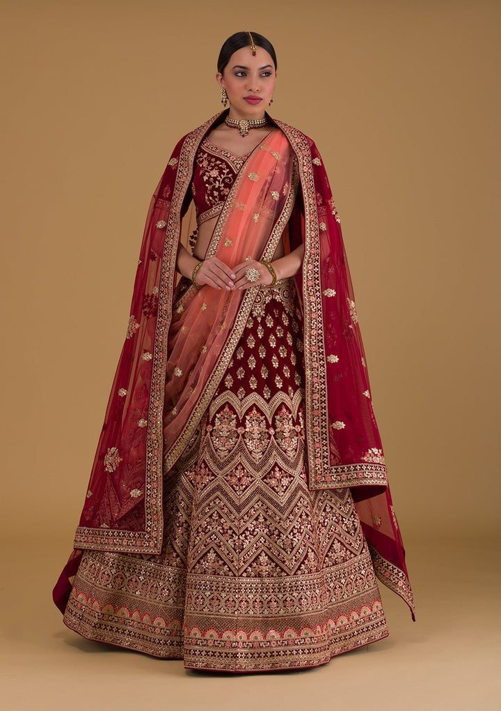 Maroon Zariwork Velvet Designer Lehenga-Koskii