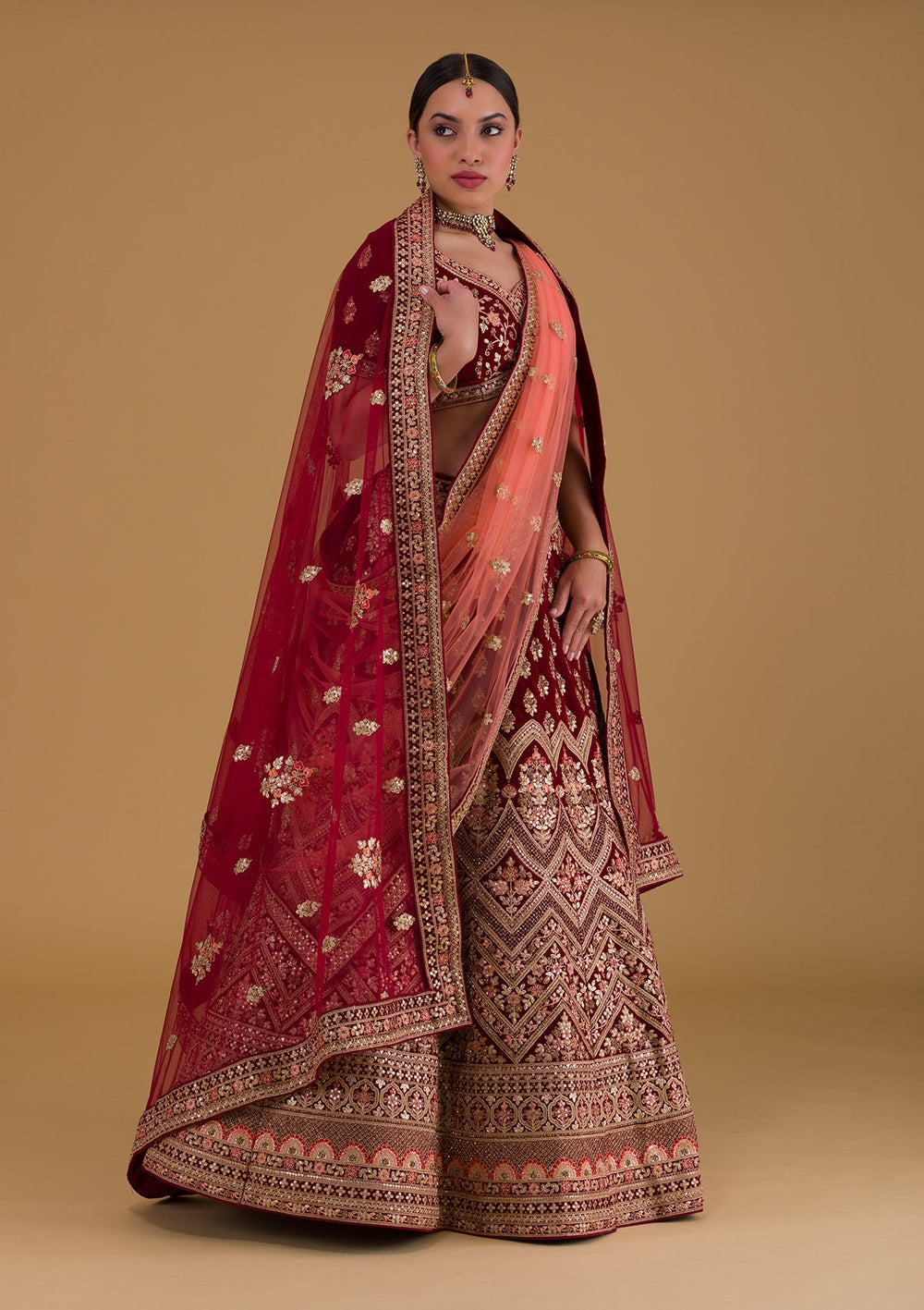 Maroon Zariwork Velvet Designer Lehenga-Koskii