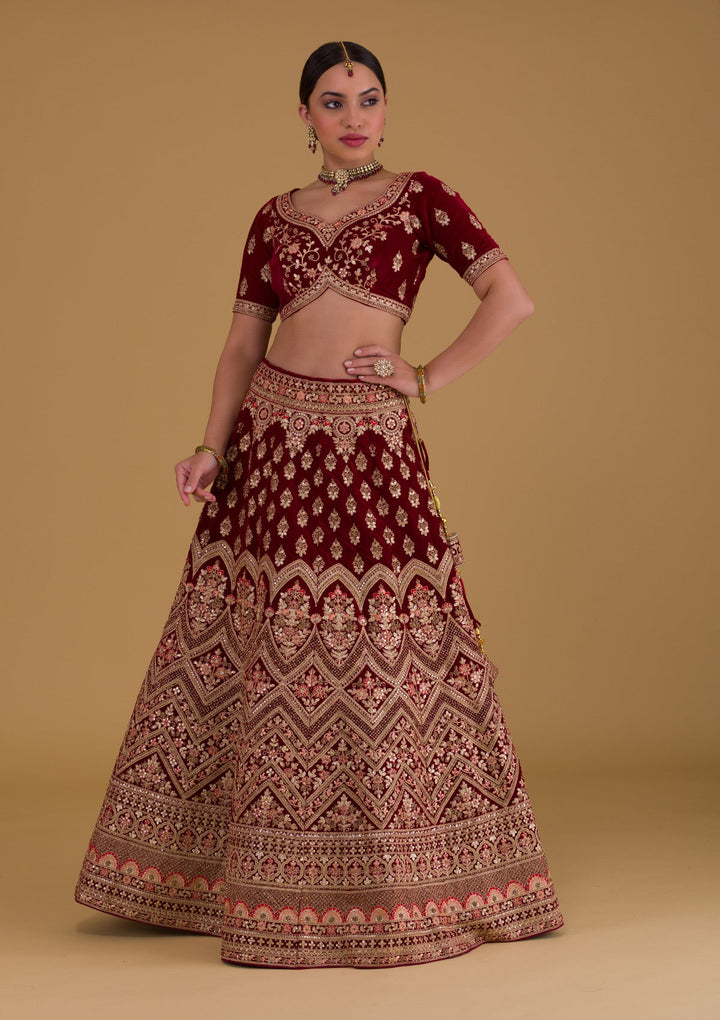 Maroon Zariwork Velvet Designer Lehenga-Koskii
