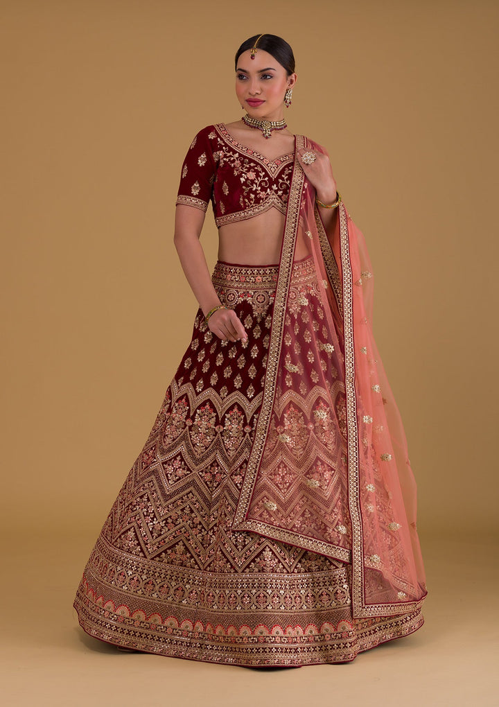 Maroon Zariwork Velvet Designer Lehenga-Koskii