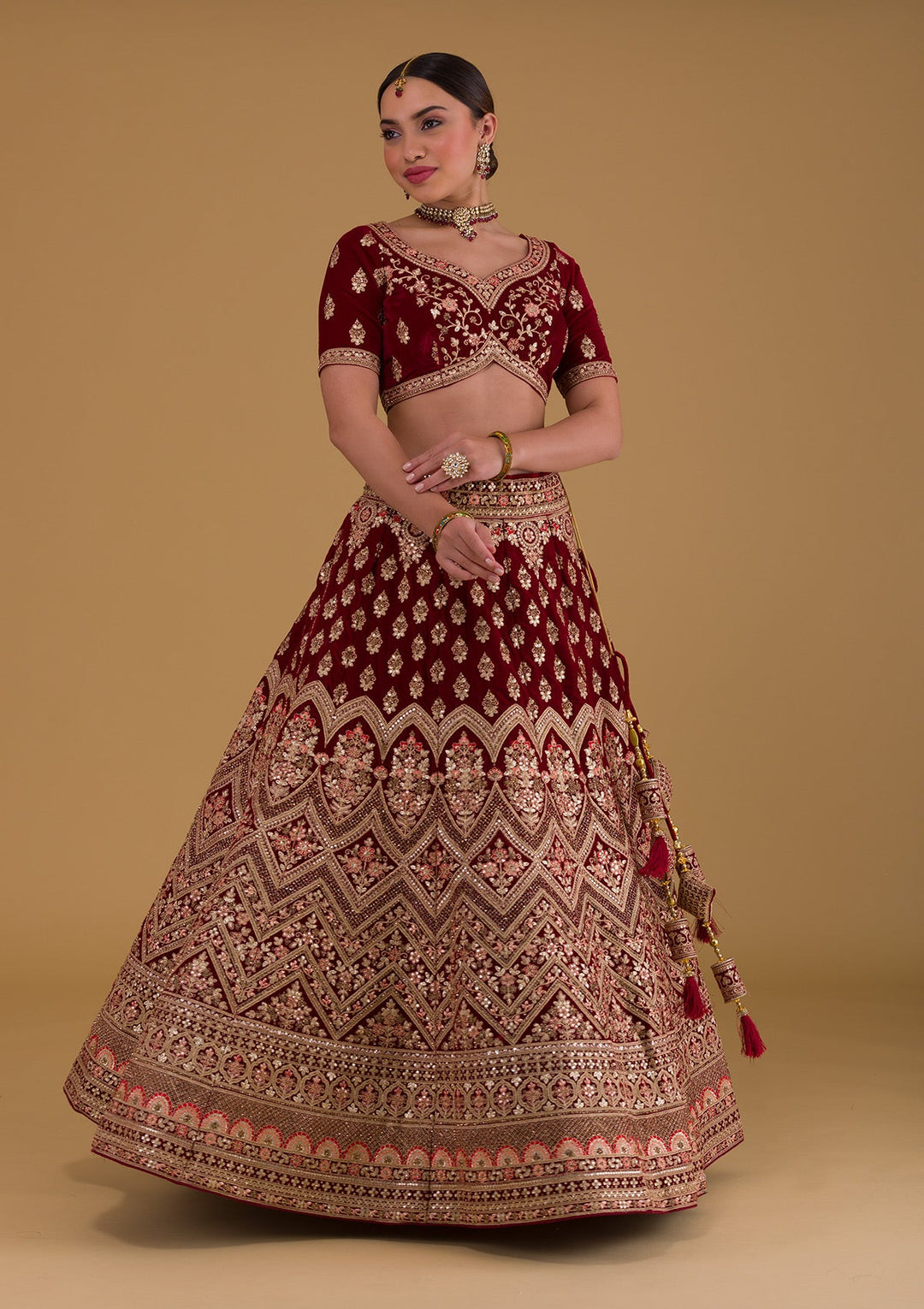 Maroon Zariwork Velvet Designer Lehenga-Koskii