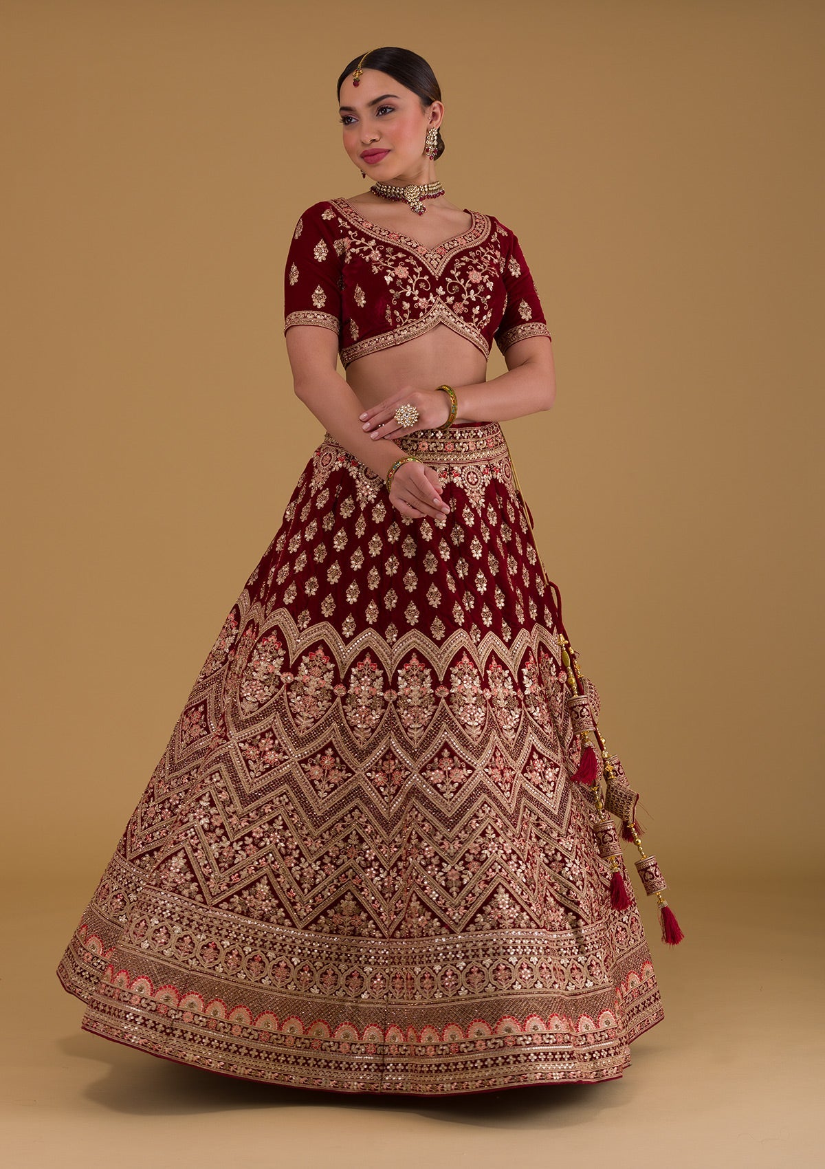 Maroon Zariwork Velvet Designer Lehenga-Koskii