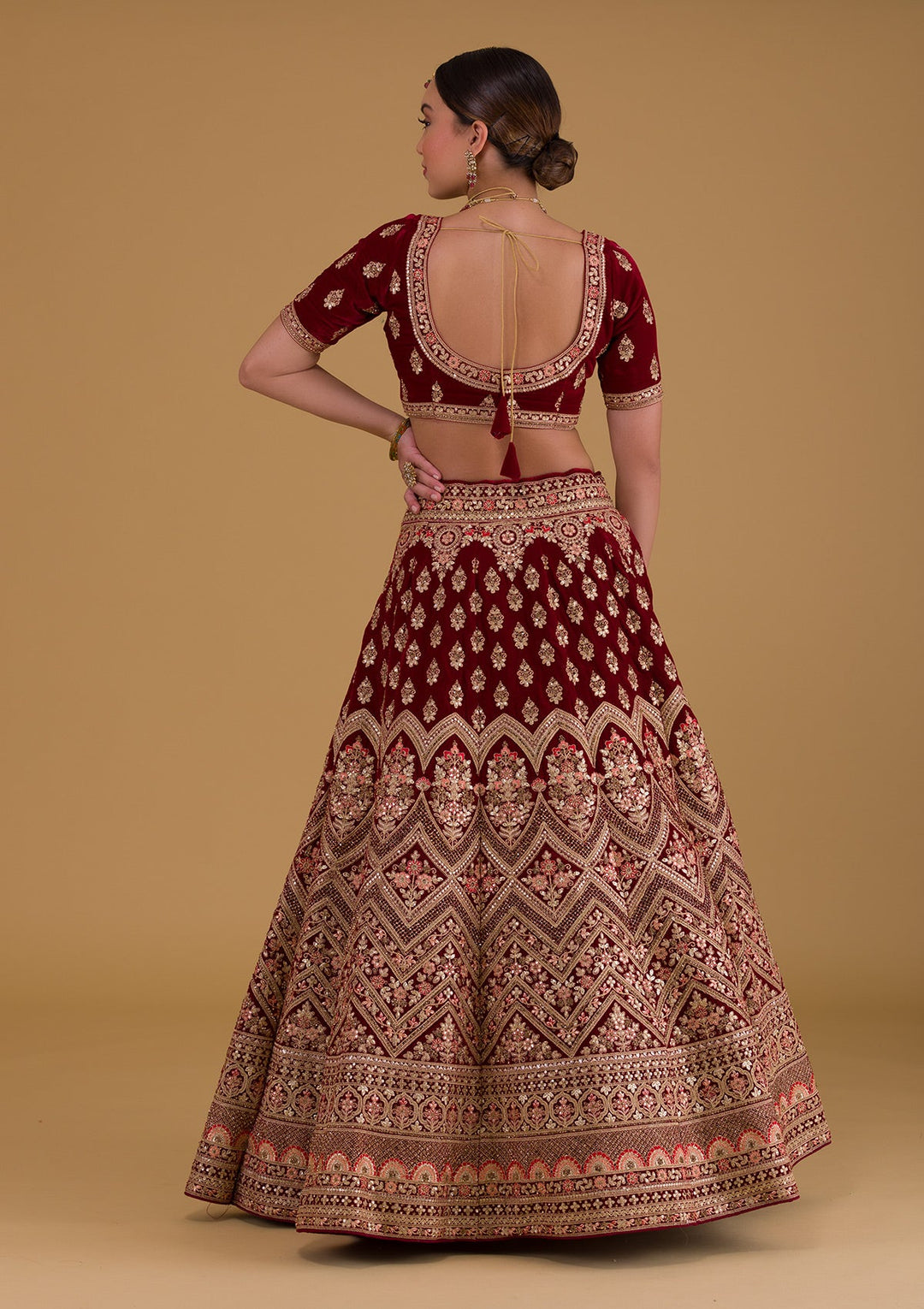 Maroon Zariwork Velvet Designer Lehenga-Koskii