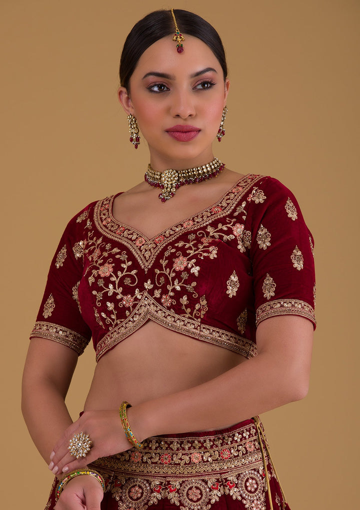 Maroon Zariwork Velvet Designer Lehenga-Koskii