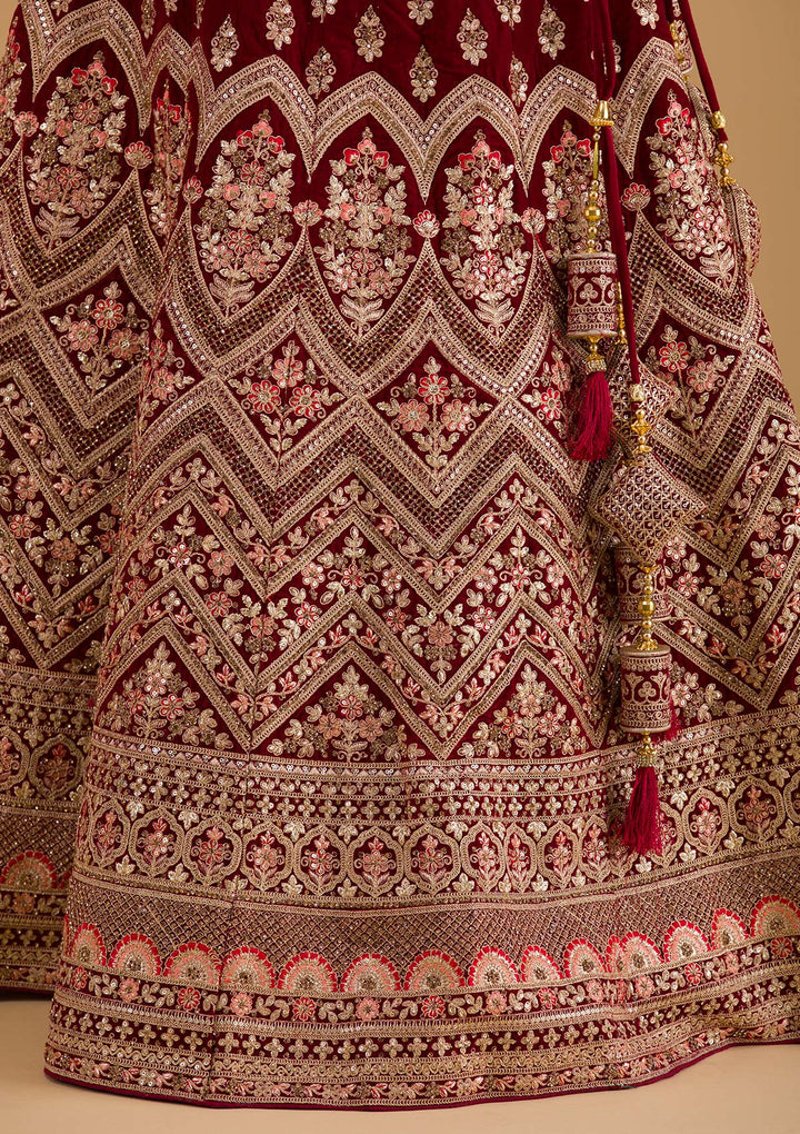 Maroon Zariwork Velvet Designer Lehenga-Koskii