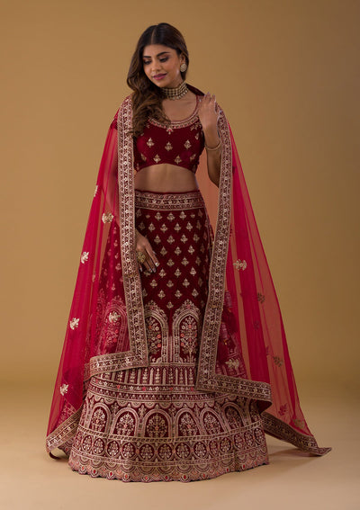 Maroon Zariwork Velvet Lehenga-Koskii