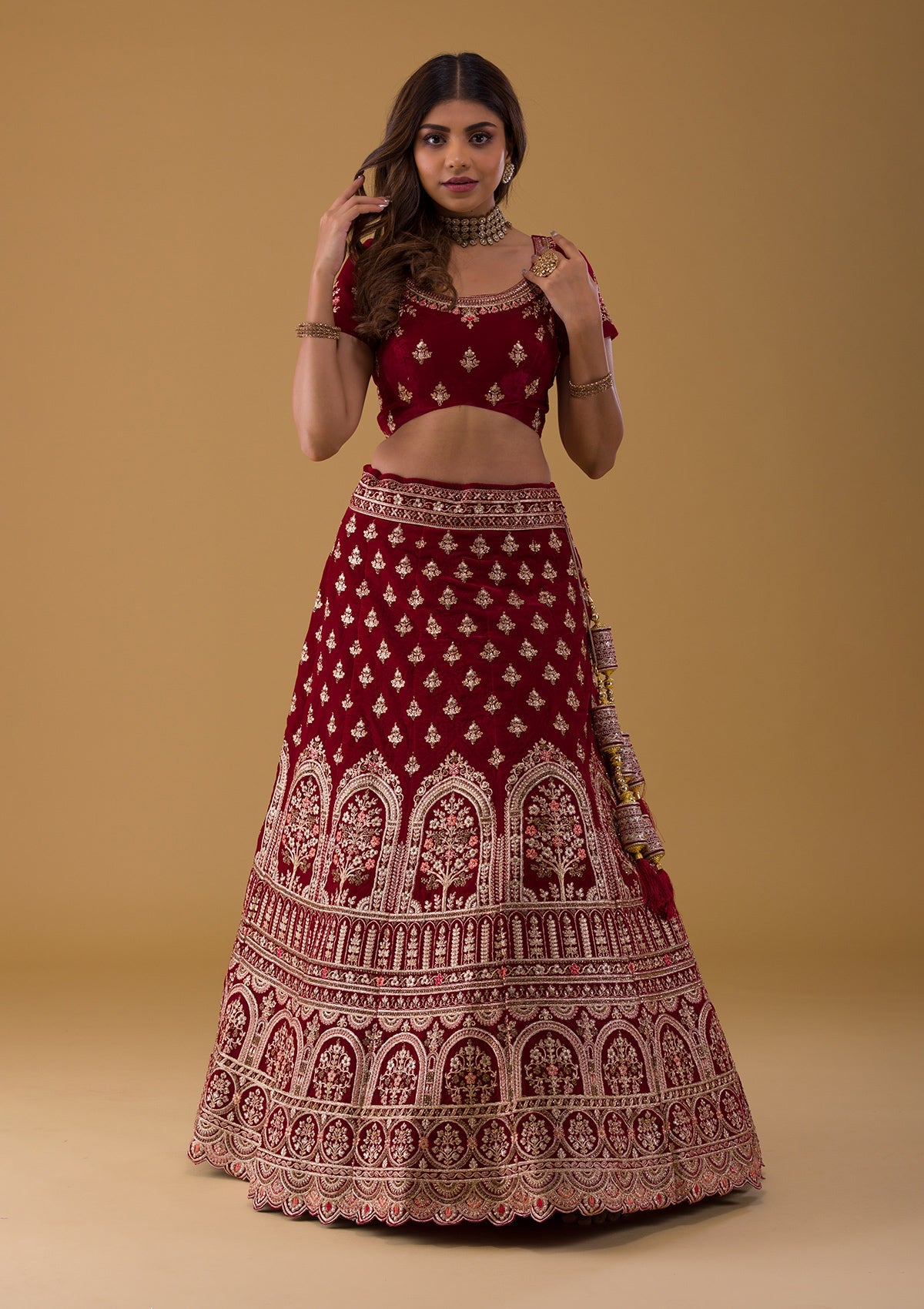 Maroon Zariwork Velvet Lehenga-Koskii