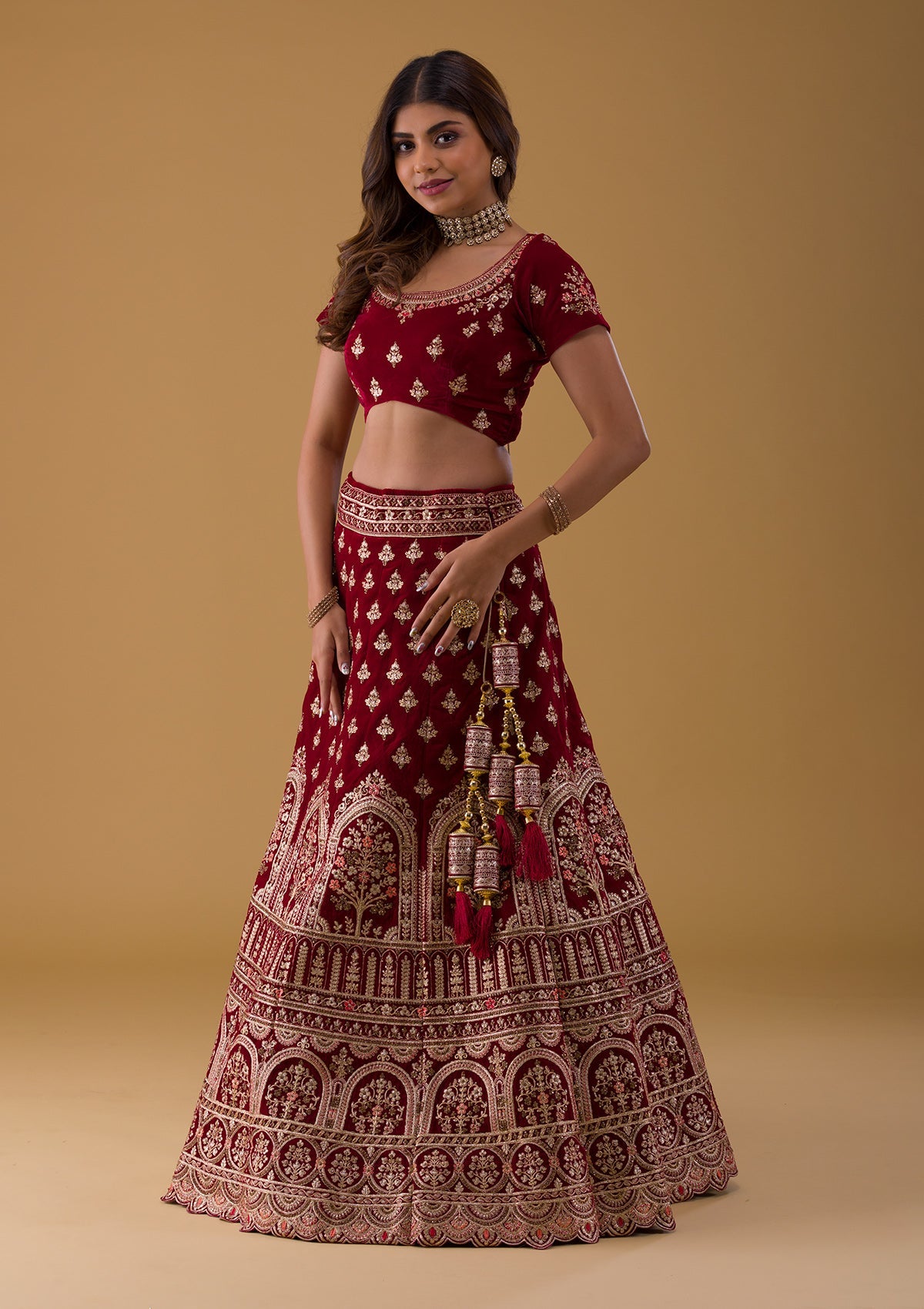 Maroon Zariwork Velvet Lehenga-Koskii