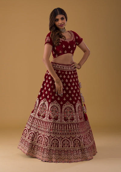 Maroon Zariwork Velvet Lehenga-Koskii