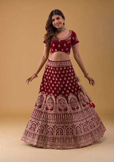 Maroon Zariwork Velvet Lehenga-Koskii