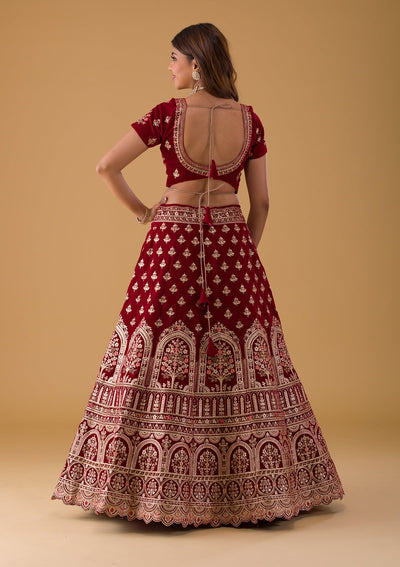 Maroon Zariwork Velvet Lehenga-Koskii