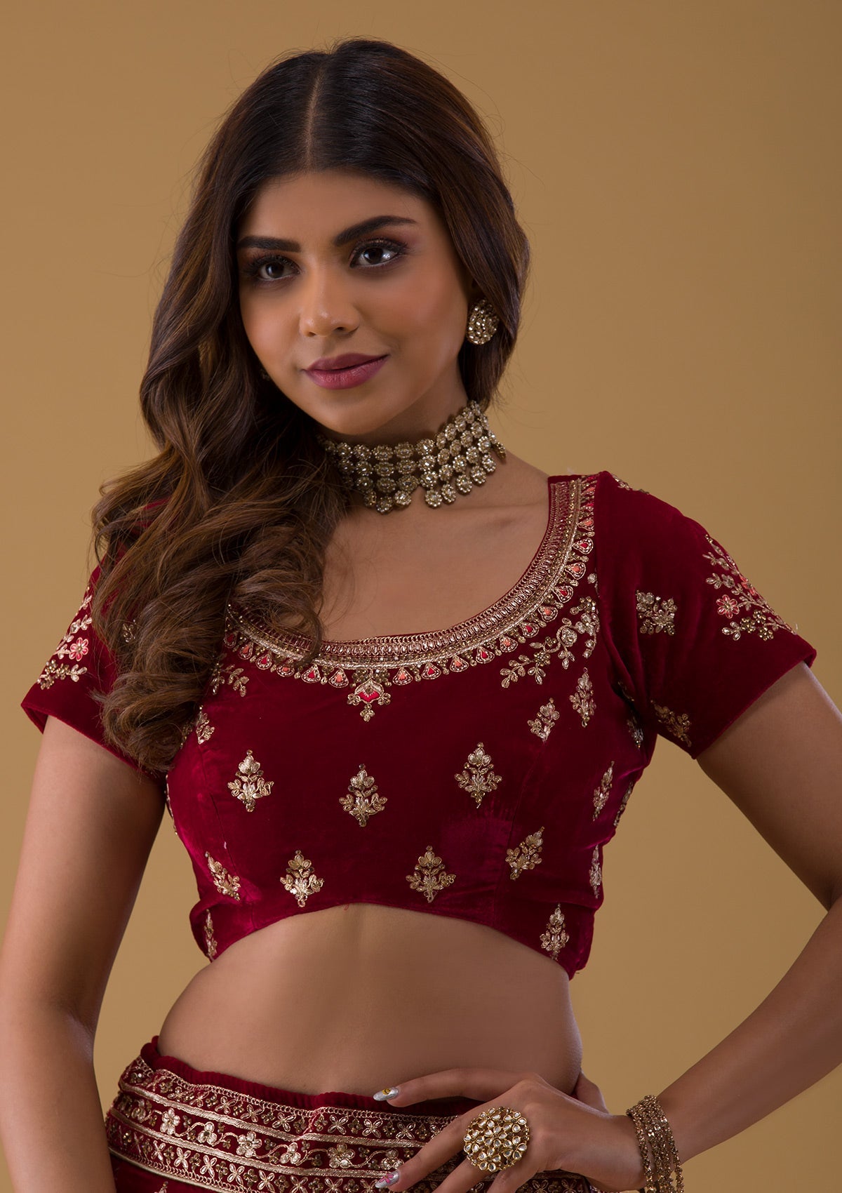 Maroon Zariwork Velvet Lehenga-Koskii