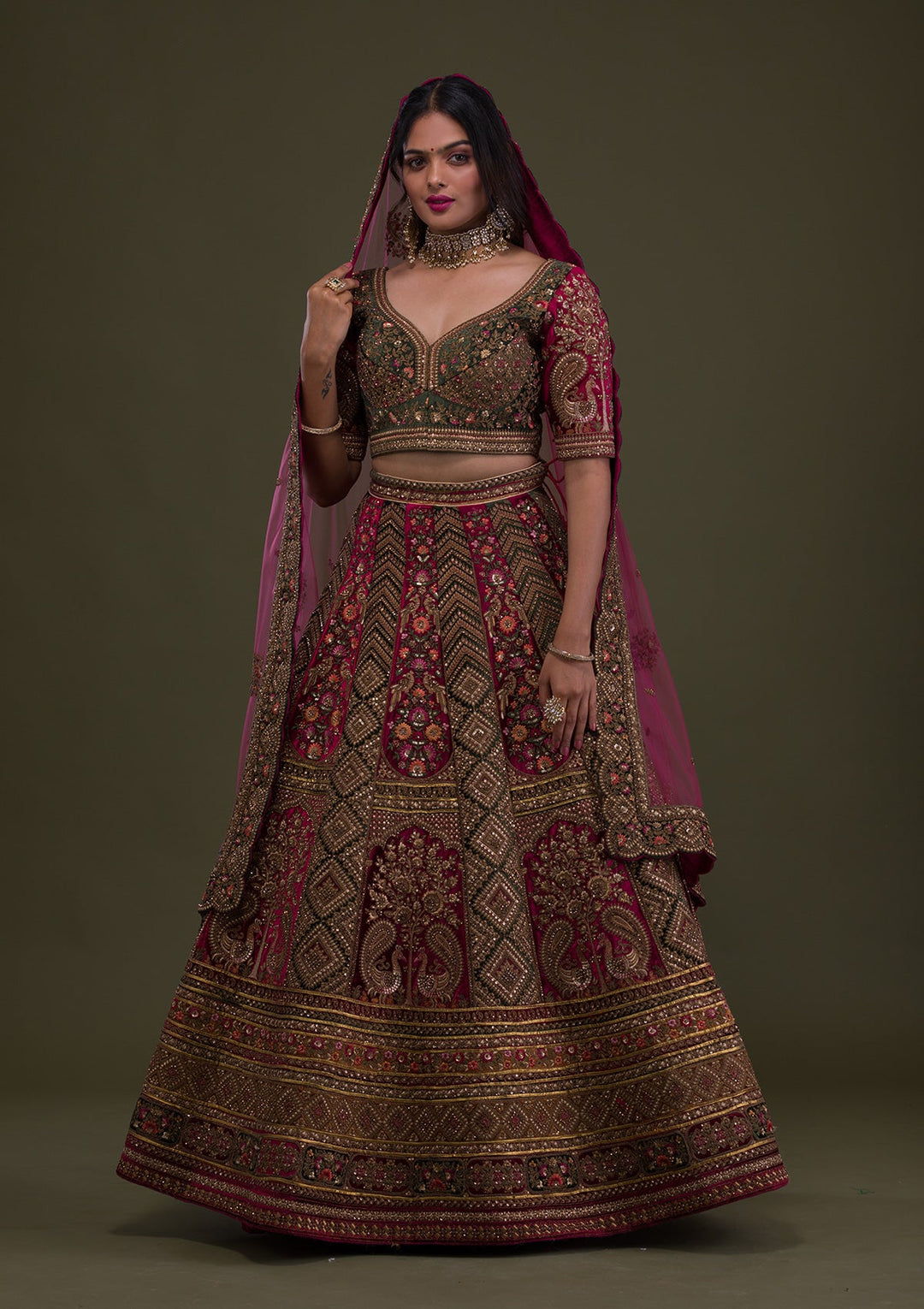 Maroon Zariwork Velvet Semi-Stitched Lehenga-Koskii