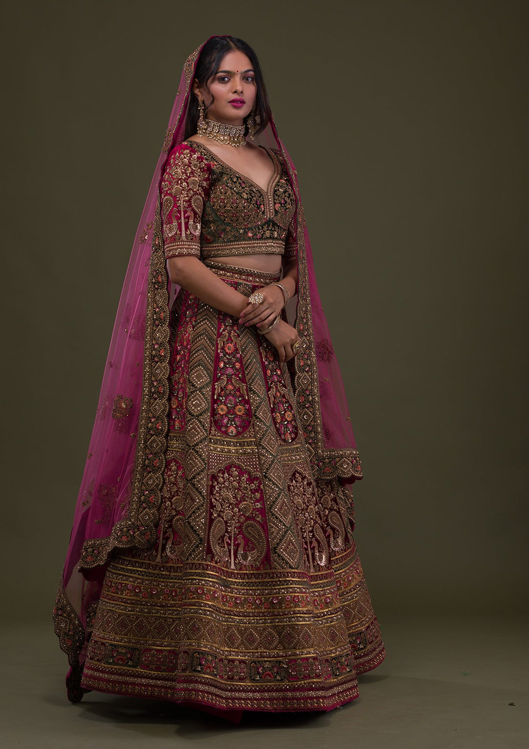 Maroon Zariwork Velvet Semi-Stitched Lehenga-Koskii
