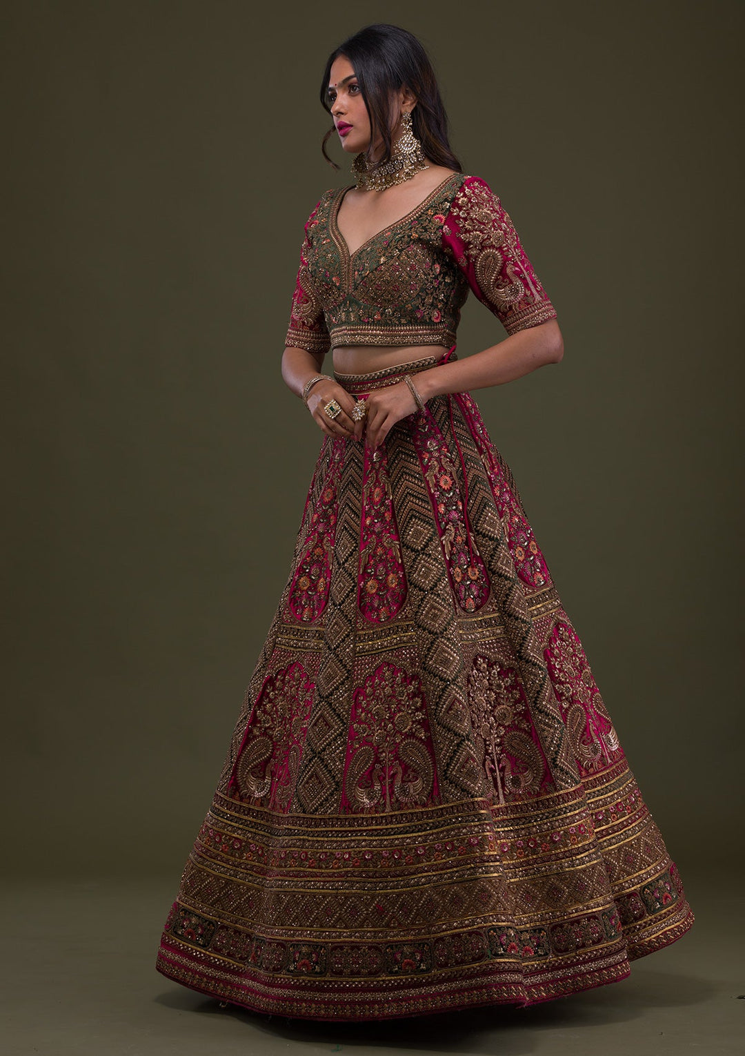 Maroon Zariwork Velvet Semi-Stitched Lehenga-Koskii