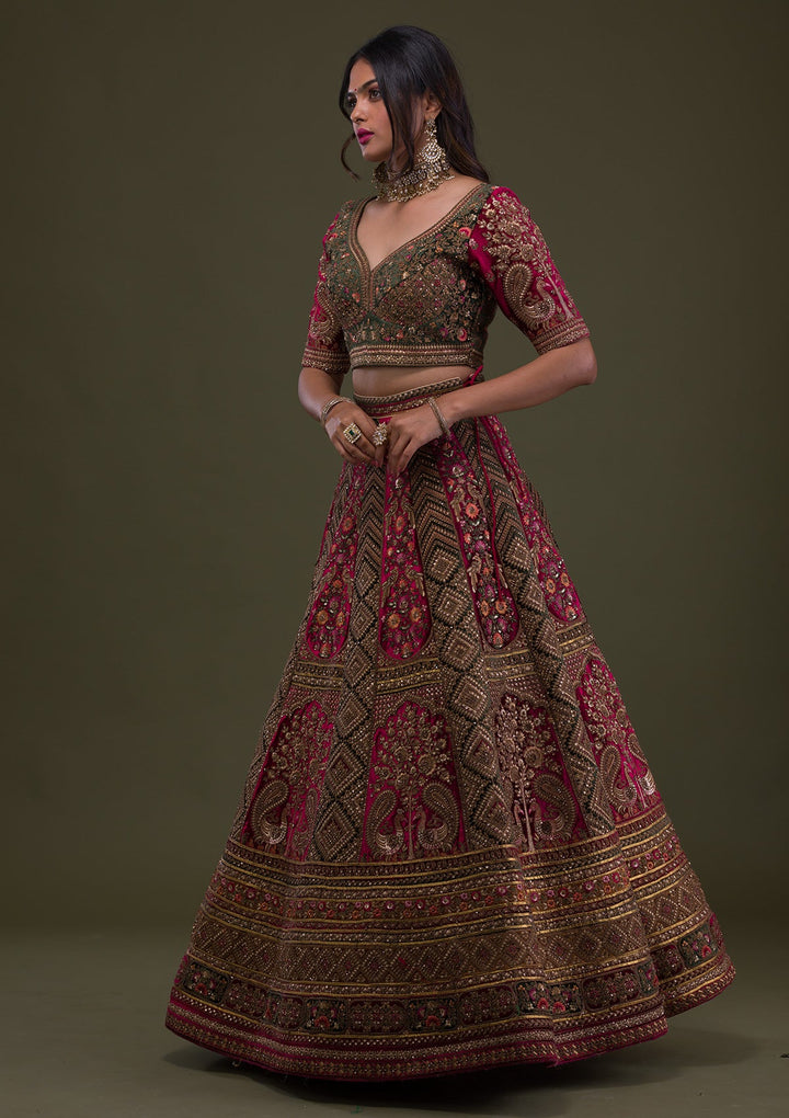 Maroon Zariwork Velvet Semi-Stitched Lehenga-Koskii