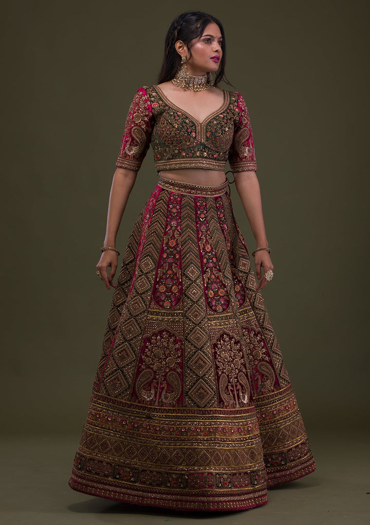 Maroon Zariwork Velvet Semi-Stitched Lehenga-Koskii