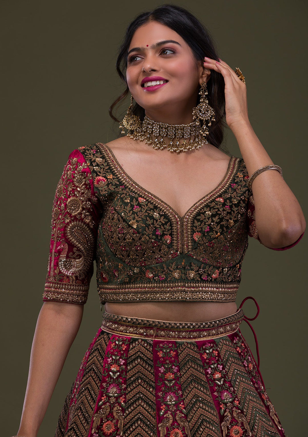 Maroon Zariwork Velvet Semi-Stitched Lehenga-Koskii