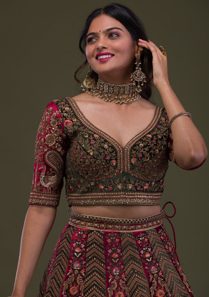 Maroon Zariwork Velvet Semi-Stitched Lehenga-Koskii