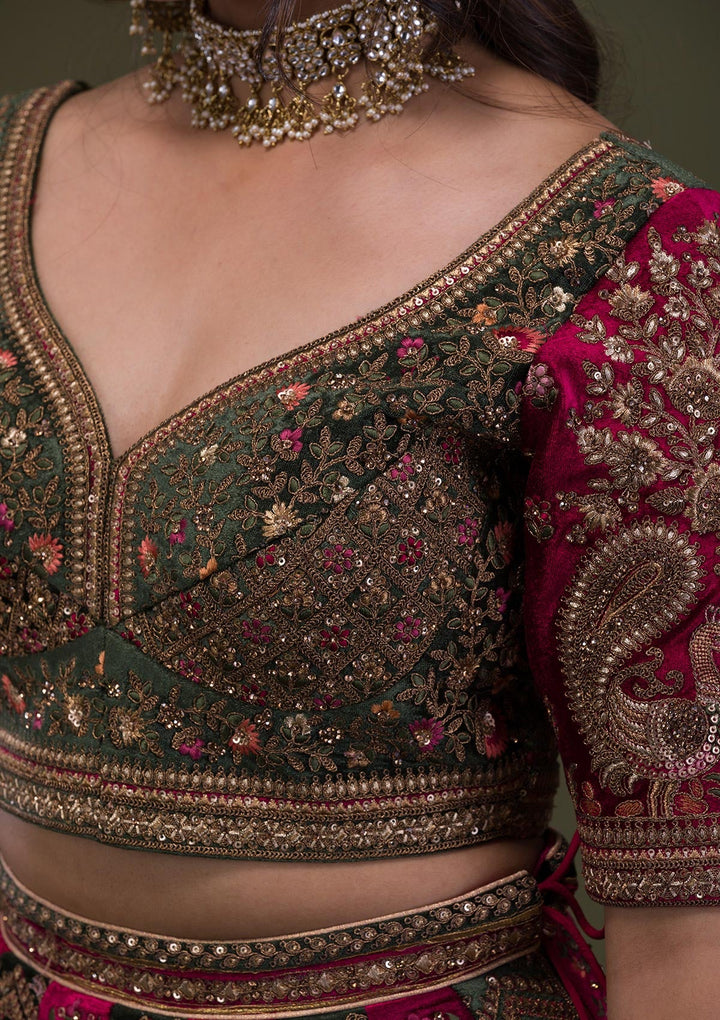 Maroon Zariwork Velvet Semi-Stitched Lehenga-Koskii