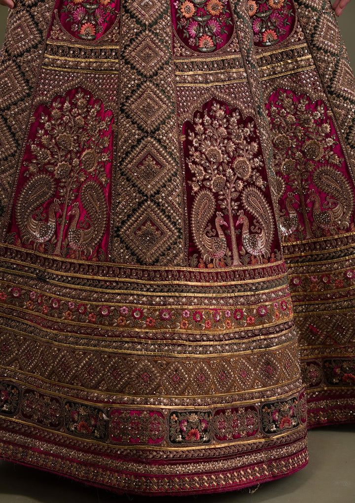 Maroon Zariwork Velvet Semi-Stitched Lehenga-Koskii