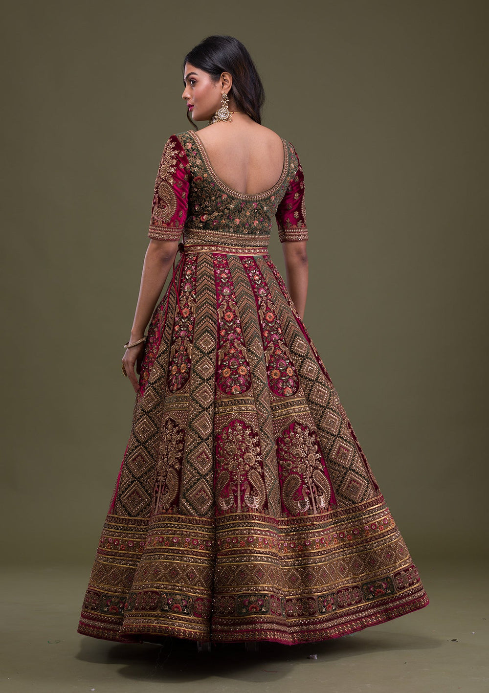 Maroon Zariwork Velvet Semi-Stitched Lehenga-Koskii