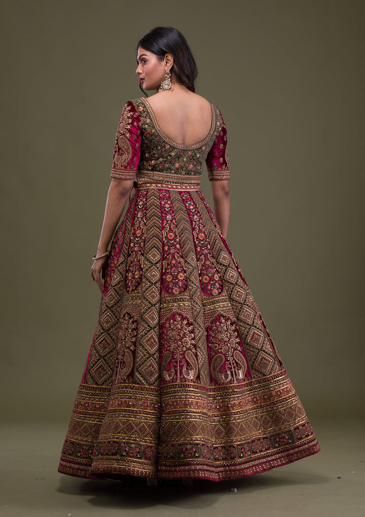 Maroon Zariwork Velvet Semi-Stitched Lehenga-Koskii