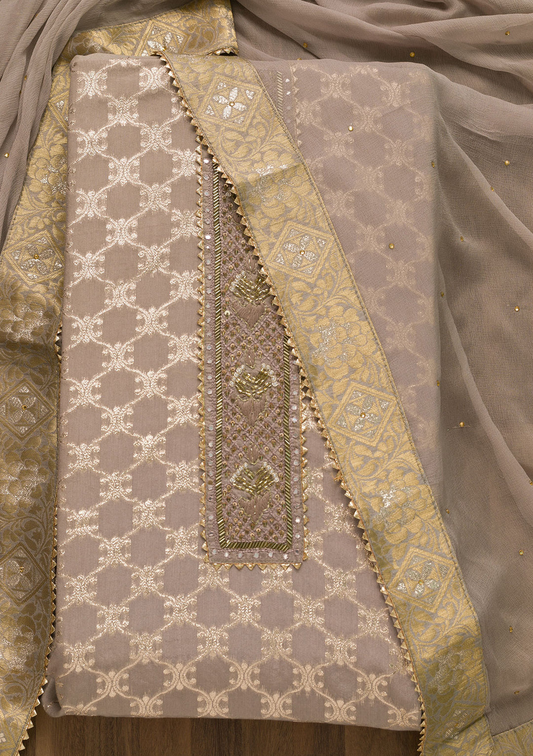 Mauve Cutdana Semi Crepe Unstitched Salwar Suit-Koskii